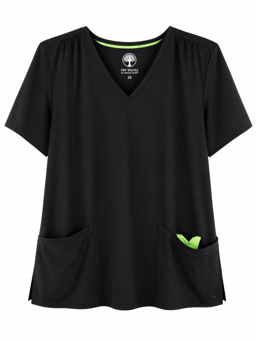 SOLD - Healing Hands Works Black V-Neck Scrub Top with Lime Accent